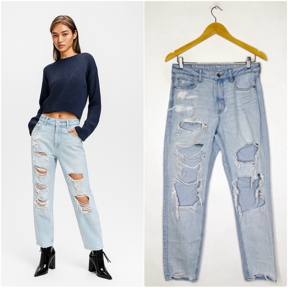 American Eagle Light Wash Mom Jeans Strigid Taper Straight Size 6 R - Picture 1 of 9